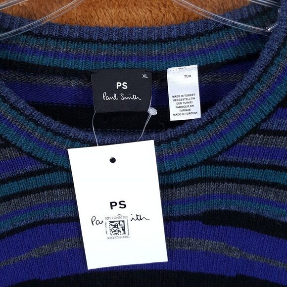 PAUL SMITH Mens Sweater XL Blue Purple Stripe Pullover Crew Wool Knit Logo $325 - Picture 3 of 8